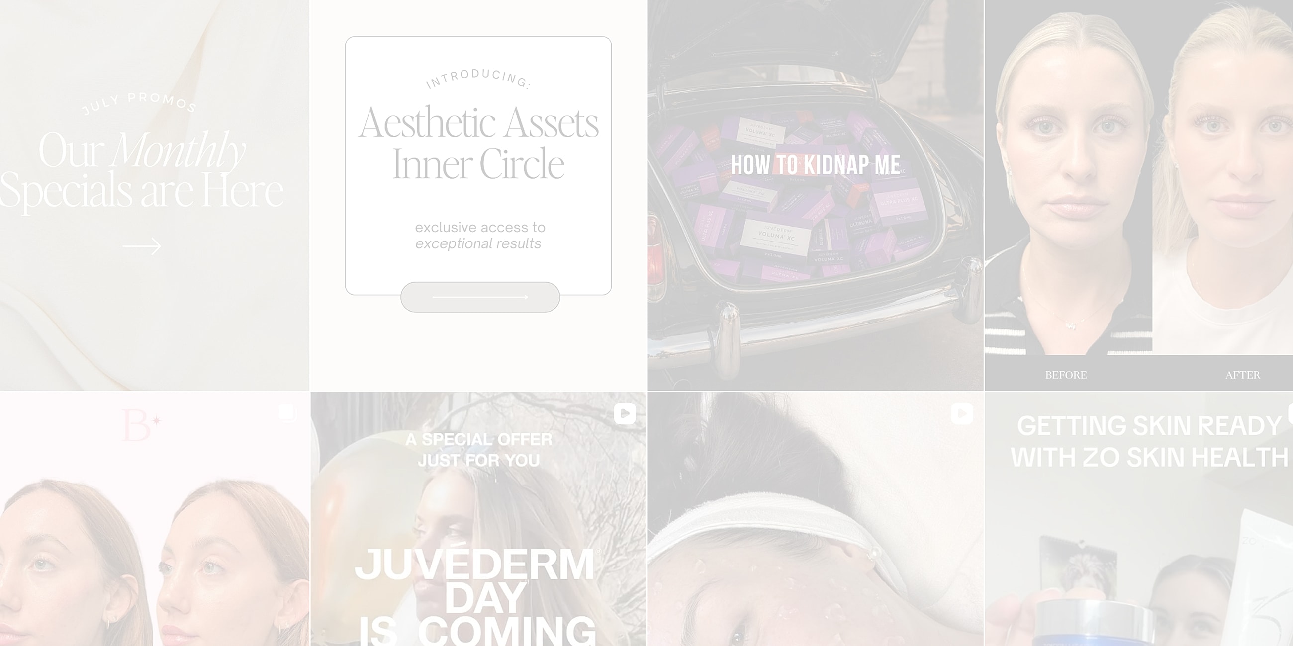 Aesthetic skincare promotions and transformations collage.