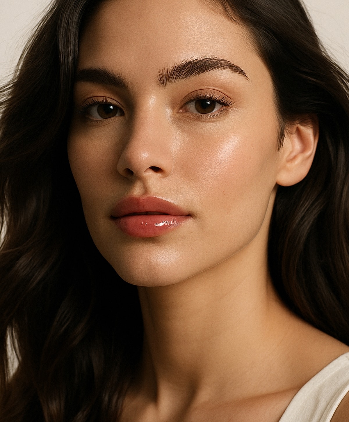 Close-up of a woman with radiant skin.